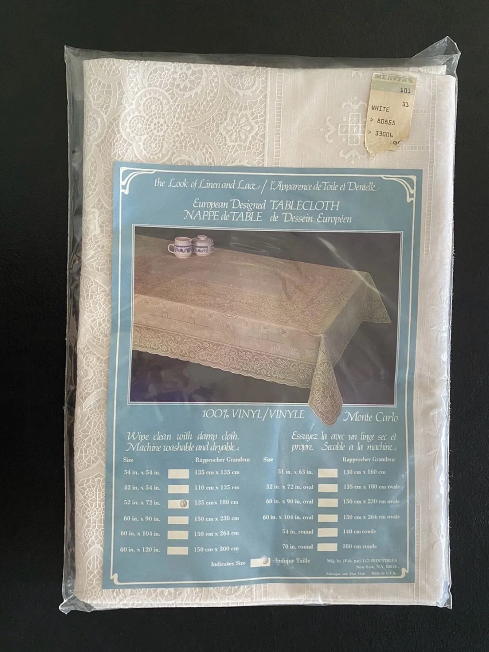 Vintage European Design Look Of Linen And Lace Vinyl Tablecloth 52”x73” USA